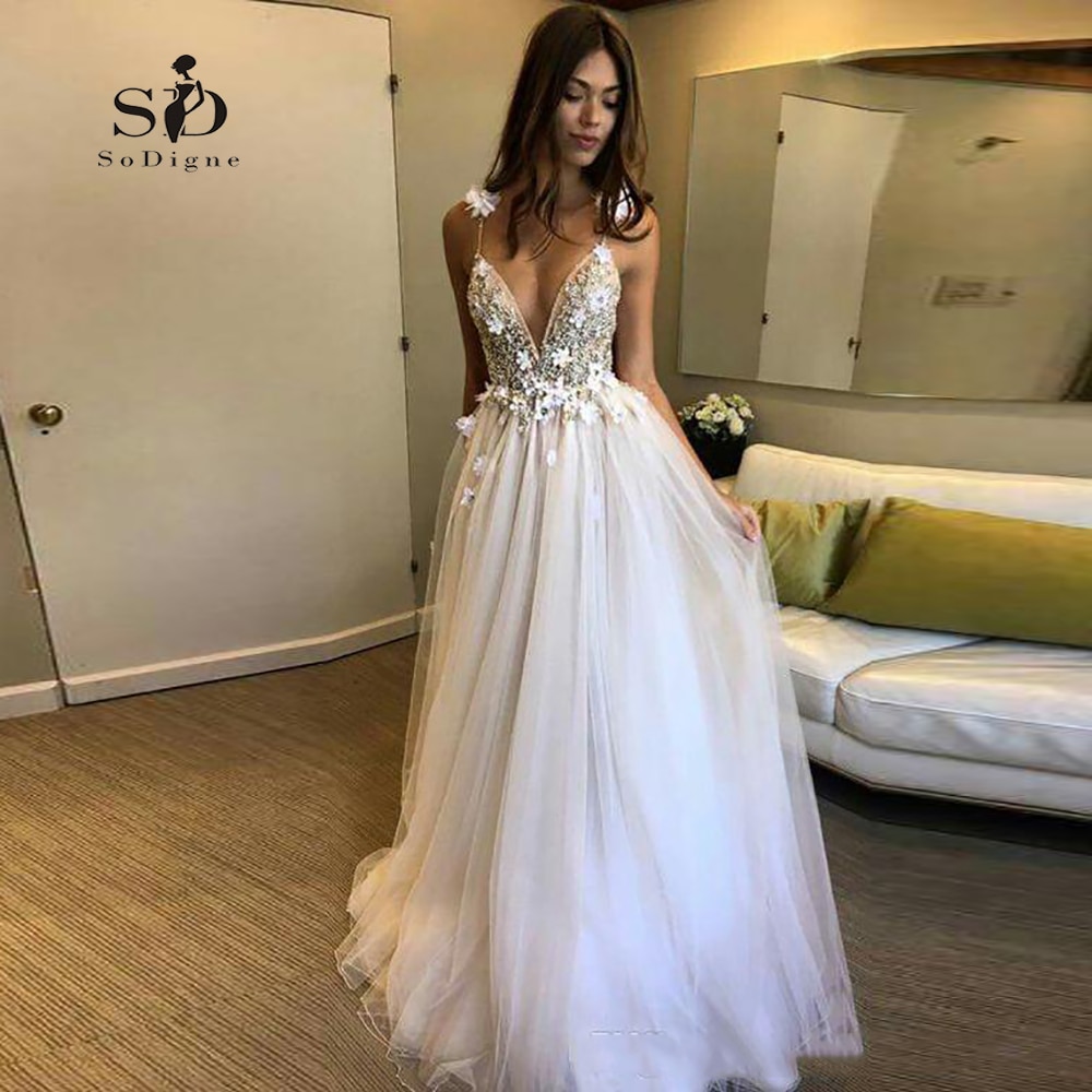 Fiori Abito Da Sposa Bianco Vestido de noiva 2019 sukienka na wesele Profondo Scollo A V Con Appliques Delicate Backless Abito Da Sposa