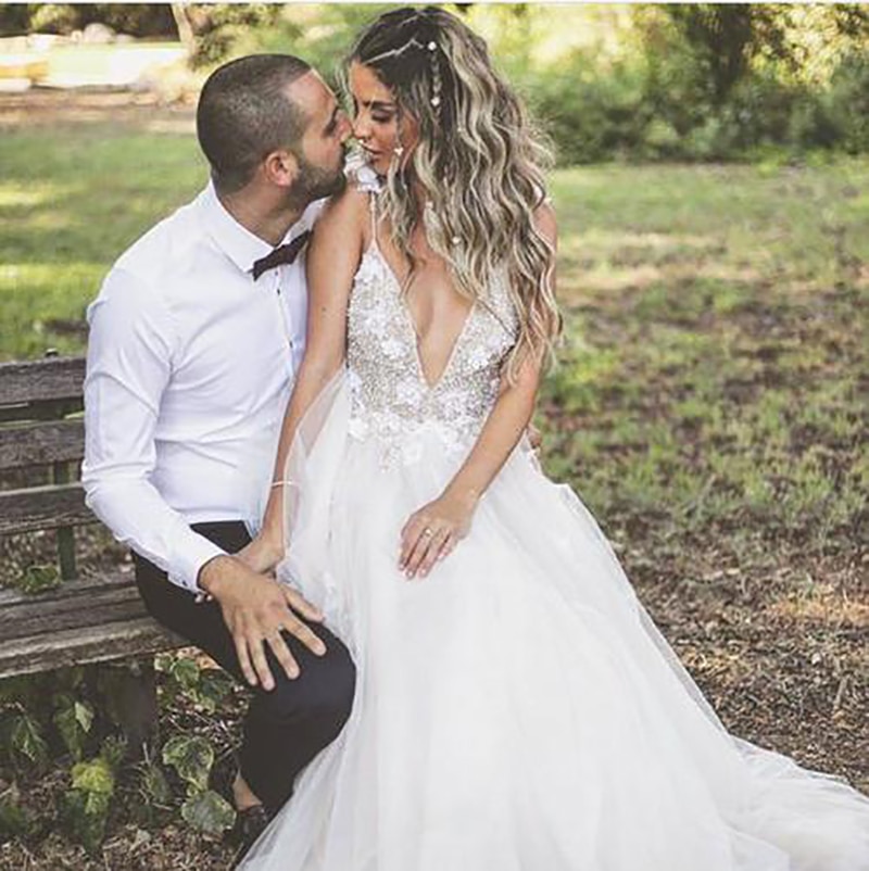 Fiori Abito Da Sposa Bianco Vestido de noiva 2019 sukienka na wesele Profondo Scollo A V Con Appliques Delicate Backless Abito Da Sposa