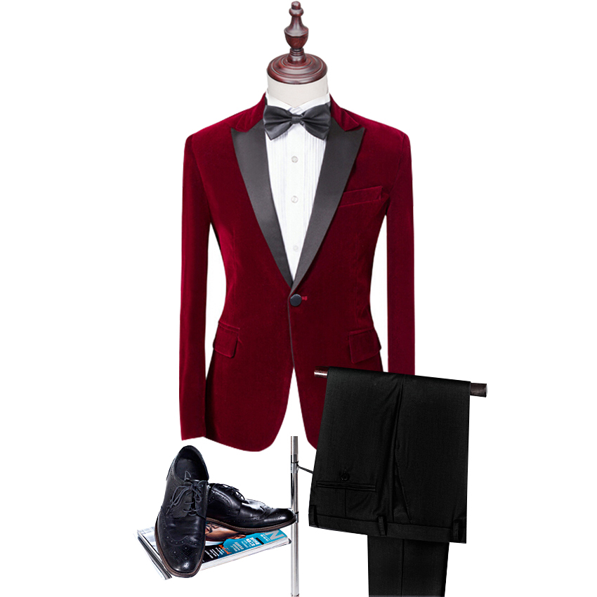 2020 Nuovo Blu Rosso di Velluto Nero con Ha Raggiunto Il Picco Risvolto Abiti Uomo Modello Sposo Smoking Abito su Misura Abiti da Sposa (Jacket + Nero Pant)