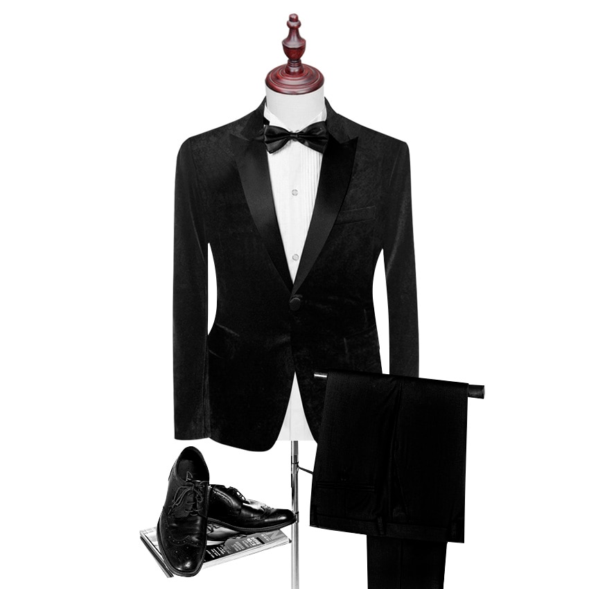 2020 Nuovo Blu Rosso di Velluto Nero con Ha Raggiunto Il Picco Risvolto Abiti Uomo Modello Sposo Smoking Abito su Misura Abiti da Sposa (Jacket + Nero Pant)