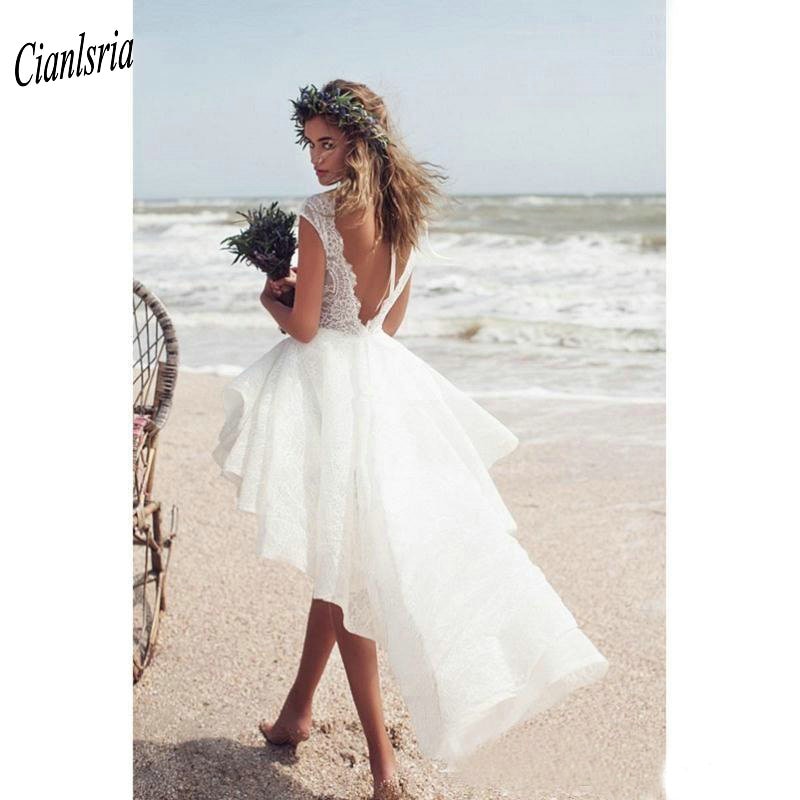 Sexy Backless Beach High Low Abiti Da Sposa A Buon Mercato Boat Neck Cap Manica Corta Boho Custom Made Abito Da Sposa Vestido De noiva