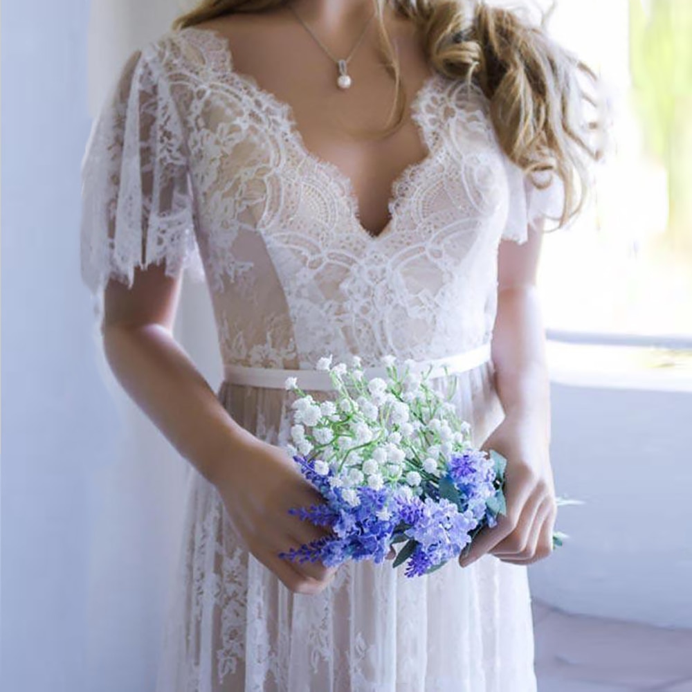 Vestido De Casamento Champagne Informale Abito da Sposa 2019 Scollo a V in Pizzo Abiti da Sposa Romantico Vestido De Noiva Abito da Sposa